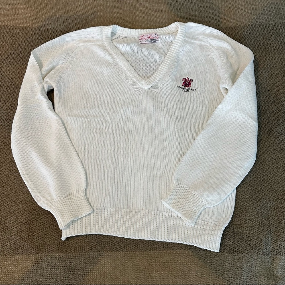 Vintage White V-Neck Sweater with Longboat Key Club Logo | Golf Sweater
